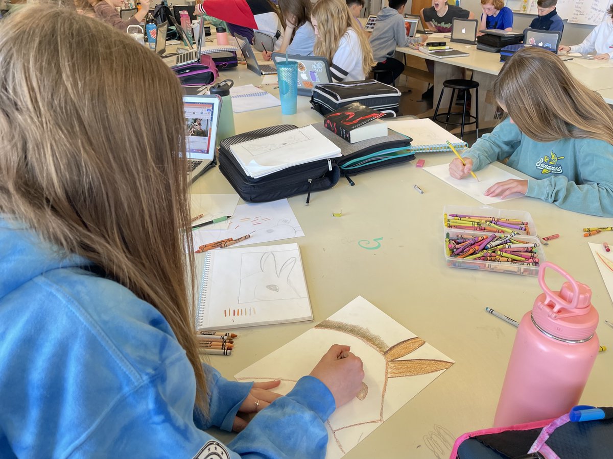 WSMSStallions's tweet photo. 6th graders in Mrs. Gazzano's art classes have been working on an animal batik piece. Batik originated from Indonesia and uses wax-resist dyes applied to cloth. Ss are using crayons (wax) to repel paint (dye). #StallionsForward #Learn230 https://t.co/sB8R1ejdz2