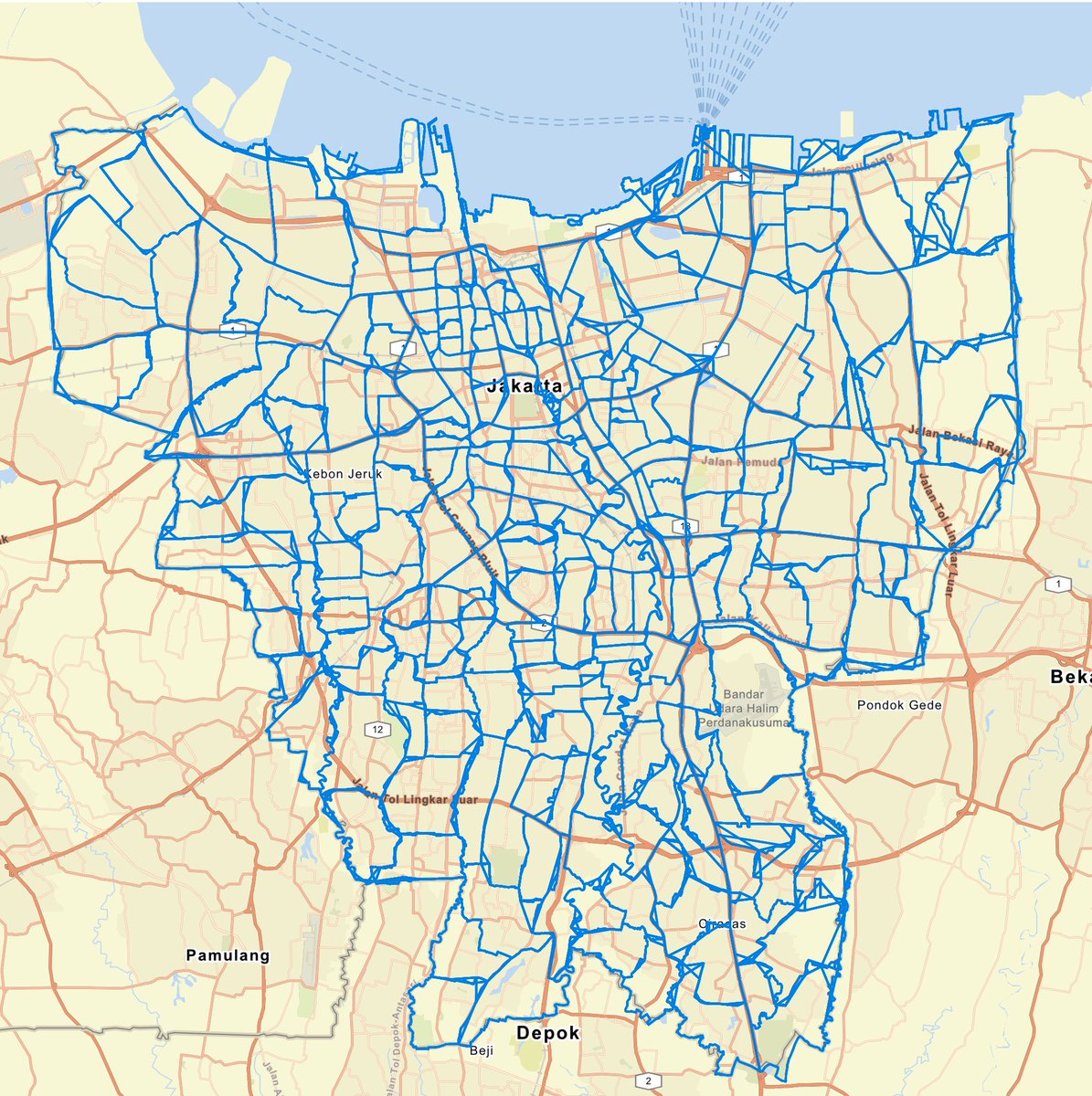 geobpy's tweet image. ok this took a while but here's my WIP on making an interactive map of Jakarta with various ✨features ✨ 
1st thing I wanted to do was to map all the kelurahans (done) with their population (not done), and then overlay them with Jakarta's public transport map