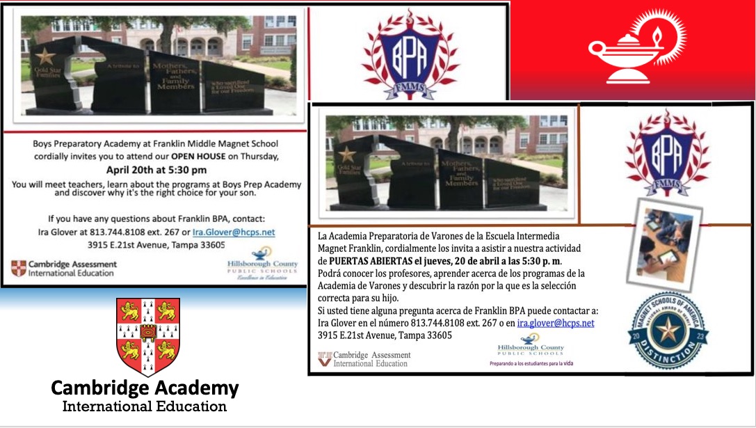 HCPSFranklinBPA's tweet photo. Want to learn more about the Boys Prep Academy? Come join us on 4/20/23 from 5:30pm to 7:30pm to see why the Boys Prep is a nationally distinguished magnet program. We look forward to meeting with you! RSVP at this link: https://t.co/pDzgRpqPIP 
@SDHCMagnet 
@HCPSBoysPrep https://t.co/JbCbznD14i