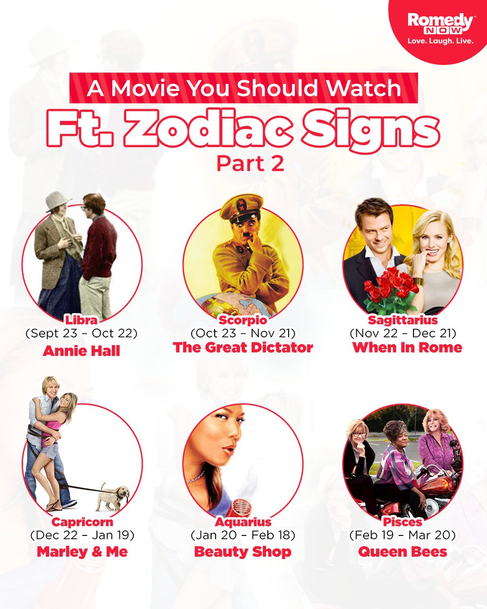 RomedyNow's tweet photo. What will you be watching as per your zodiac sign? Comment below and also tag a friend so they can find theirs!
#relatablemuch #datenights #starsigns #zodiacmemes #zodiacsigns #LoveLaughLive #AnnieHall #MarleyAndMe #TheGreatDictator #WhenInRome #QueenBees https://t.co/wJAo6jui5n