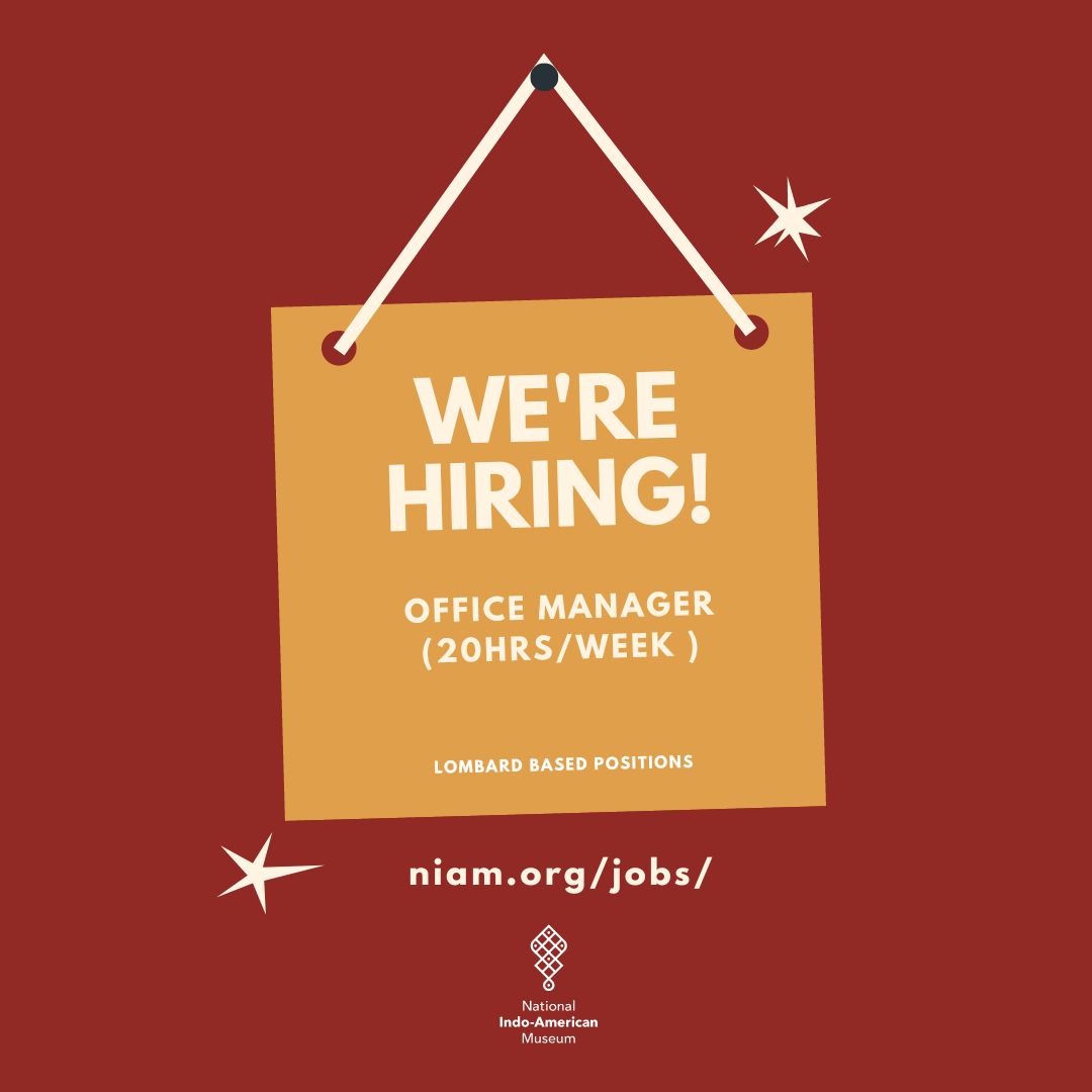 NIAMuseum's tweet photo. Have you heard the news? We are #hiring! Open position #officemanager for our #Lombard museum location -https://t.co/EVMUbscGvJ for more details
#niammuseum #storiesmatter #culturalnarrative #indoamerican #openjobs #chicagojobs https://t.co/Vsv1iCFrii