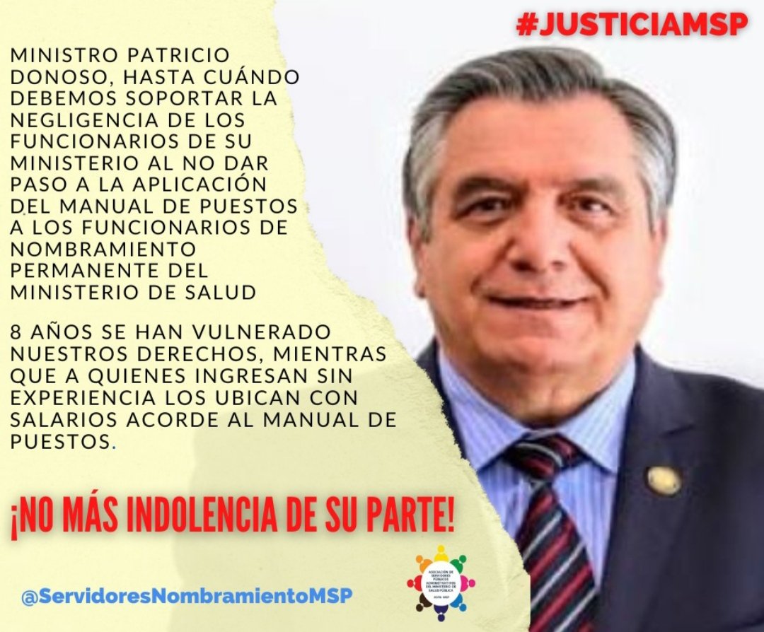 ServidoresNomb1's tweet photo. .@DonosoEcuador no es justo que siga dando largas a la aplicación del manual de puestos a los funcionarios de nombramiento permanente de @Salud_Ec. 
8 años esperando un derecho que por ley nos corresponde, funcionarios de  @MinTrabajoEc ponen demasiadas trabas. 
#JuaticiaMSP https://t.co/s9M3clSqig