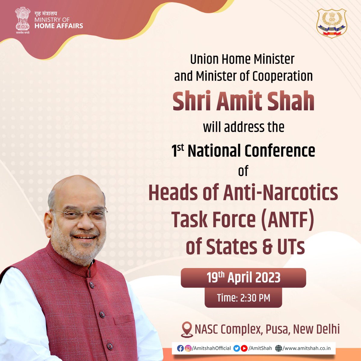 AmitShahOffice's tweet photo. Union Home Minister and Minister of Cooperation Shri @AmitShah Ji will address the 1st National Conference of heads of ANTF States and UTs, tomorrow, 02:30 PM at  NASC Complex, Pusa, New Delhi. https://t.co/GlBkml4rTa