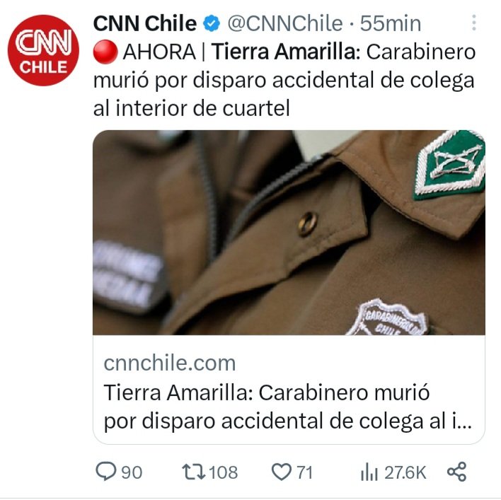 LabbeYanez's tweet photo. Impresionante el sometimiento d la mayoría d la prensa a la versión d Carabineros sobre muerte d funcionario en Tierra Amarilla. No ocupan condicional, no esperan investigación. Dan x hecho q así  ocurrió.

Y Carabineros asegura, además, q en el lugar del disparo no hay cámaras. https://t.co/SyDx9DOGAJ