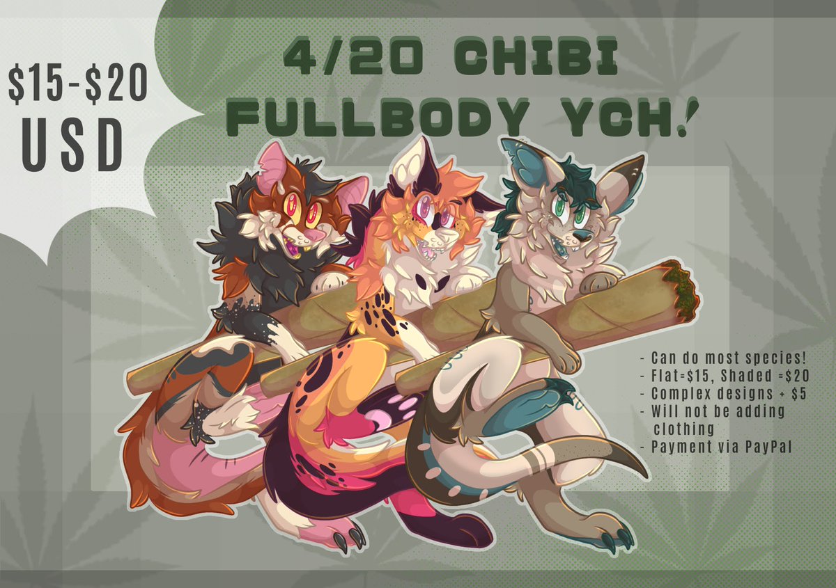 MFoxroo's tweet photo. 🍃4/20 YCH! 🍃

Flat Colored - $15
Shaded - $20

Doing most species! 

(Unfortunately, I can't do protogens and skull beasts.)
☆
🍃Unlimited slots available until the end of April 2023.🍃

- Comment below or message me to get one

- Payment in USD via PayPal

#420 #YCH #furry https://t.co/y9viLR1hXM