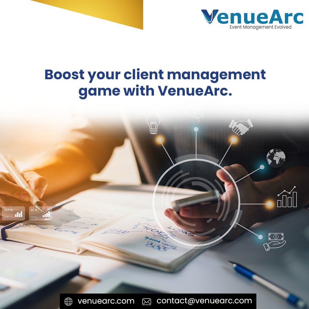 VenueArc's tweet photo. Managing clients can be time-consuming &amp; hectic, but with VenueArc's client management tools, it doesn't have to be. Our platform makes it easy to track client information &amp; communicate with clients in real-time, so you can build strong relationships &amp; provide top-notch service. https://t.co/WWkjeQoSL6