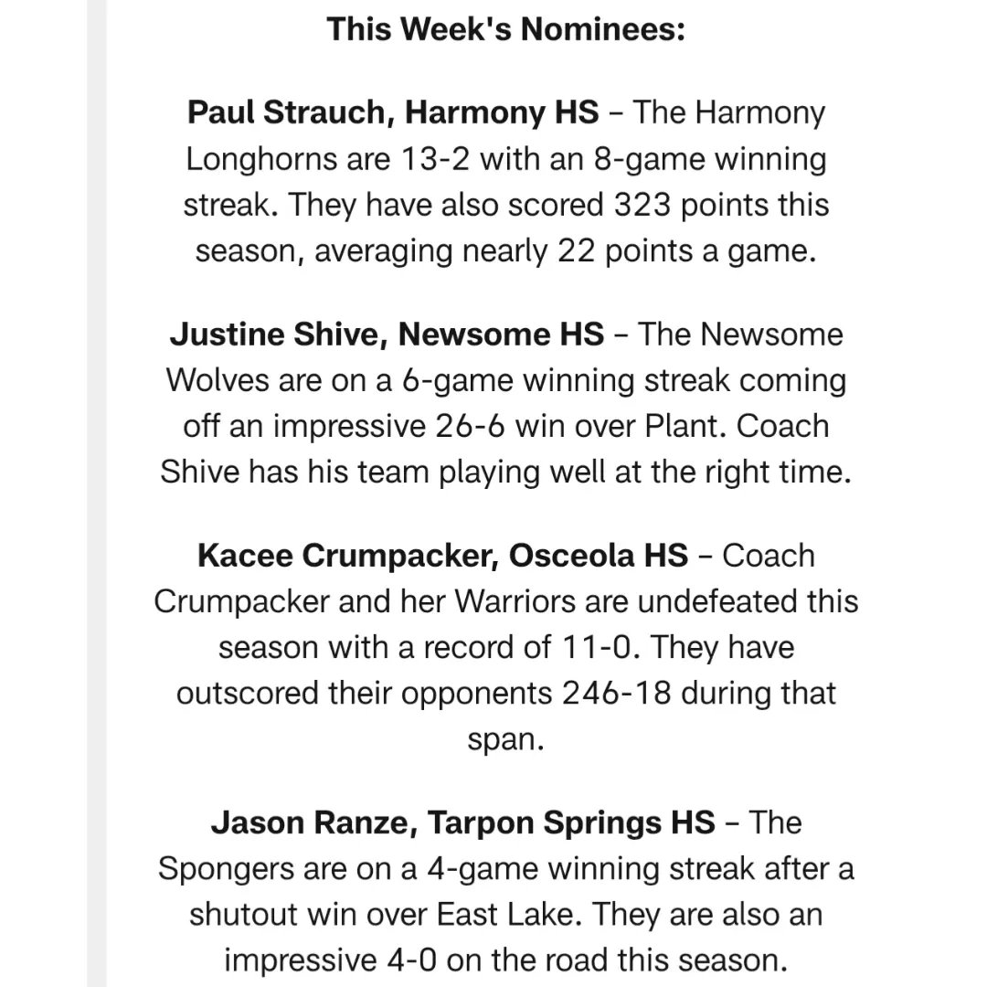 Coach Shive has been nominated for the <a href="/Buccaneers/">Tampa Bay Buccaneers</a> Flag Football Coach of the Week &amp; an opportunity to receive a $2,000 grant from Nike and the Buccaneers to help flag football programs grow! 

Voting is open now:
buccaneers.com/community/high…