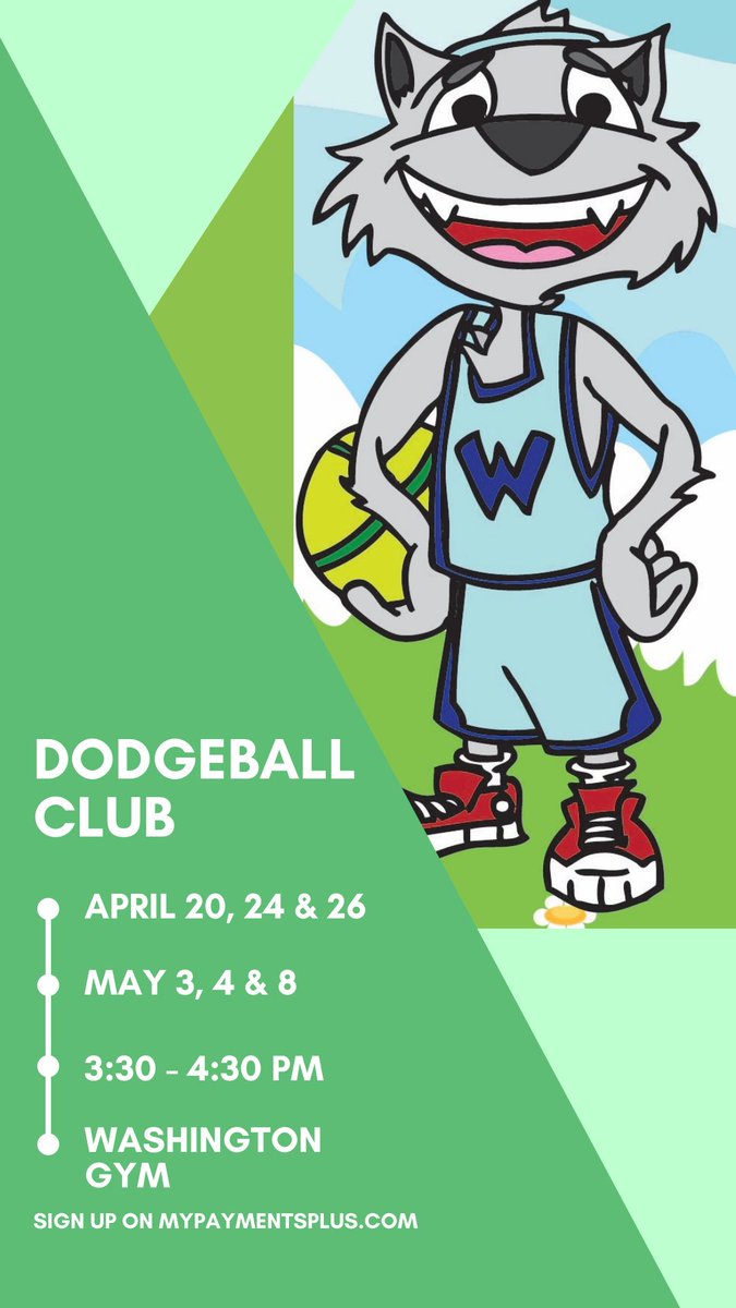 Mrs. Schimmoeller and I are teaming up to bring 3-5 grades Dodgeball Club! This club will meet after school in the gym from 3:30-4:30 PM on April 20, 24, 26 and May 3, 4, 8. The fee is $30 and covers all 6 meetings. 64 spots are open and you can sign up on mypaymentsplus.com