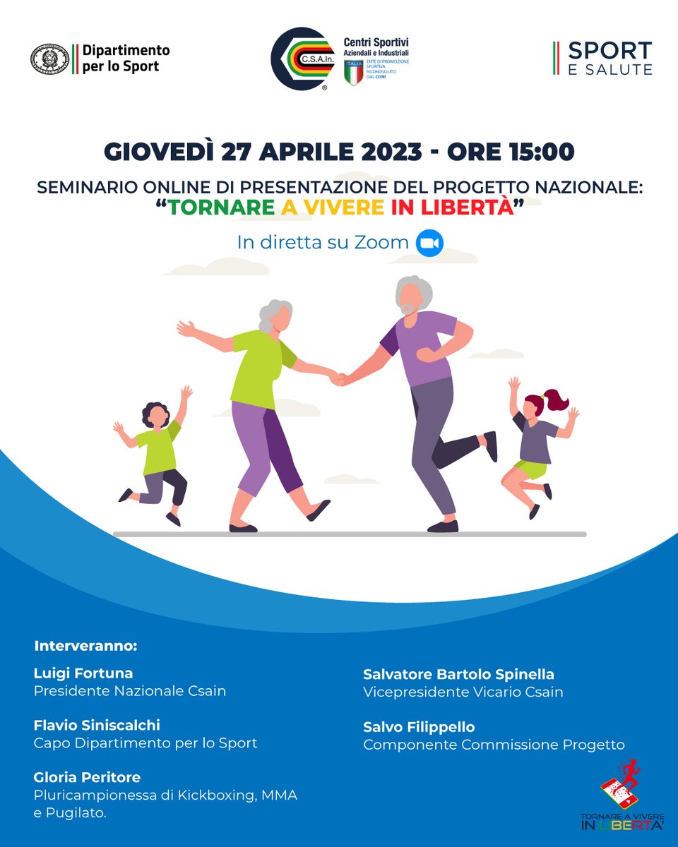 Giovedì 27 aprile, sarà presentato il progetto CSAIn “Tornare a Vivere il libertà”, con un seminario su piattaforma zoom. All'interno della notizia il link per partecipare csain.it/notizie/presen… <a href="/SportGoverno/">SportGoverno</a> <a href="/SporteSaluteSpA/">Sport e Salute</a>