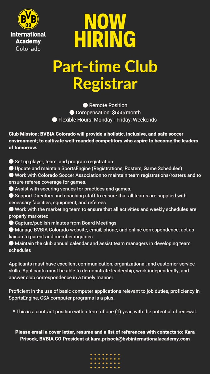If you have excellent communication, organizational, and customer service skills, this position is for you!
If interested, email your resume, cover letter, and references to Kara Prisock, BVBIA CO President at kara.prisock@bvbinternationalacademy.com.