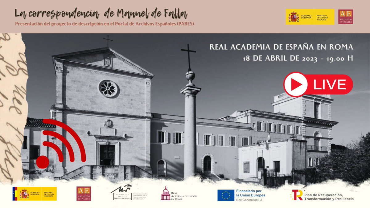 ArchivosEst's tweet photo. 🗓️#Hoy a las 19 h, @ArchivosEst #CIDA y @FallaAr presentan los resultados del proyecto de descripción archivística de la ✍️correspondencia del compositor español Manuel de #Falla en📍 @RAERoma.
 
Síguelo en directo👇
🔴#YouTube https://t.co/NSfQhZzehl

ℹ️ https://t.co/qtxZCjNZIS https://t.co/biU4di4qYU