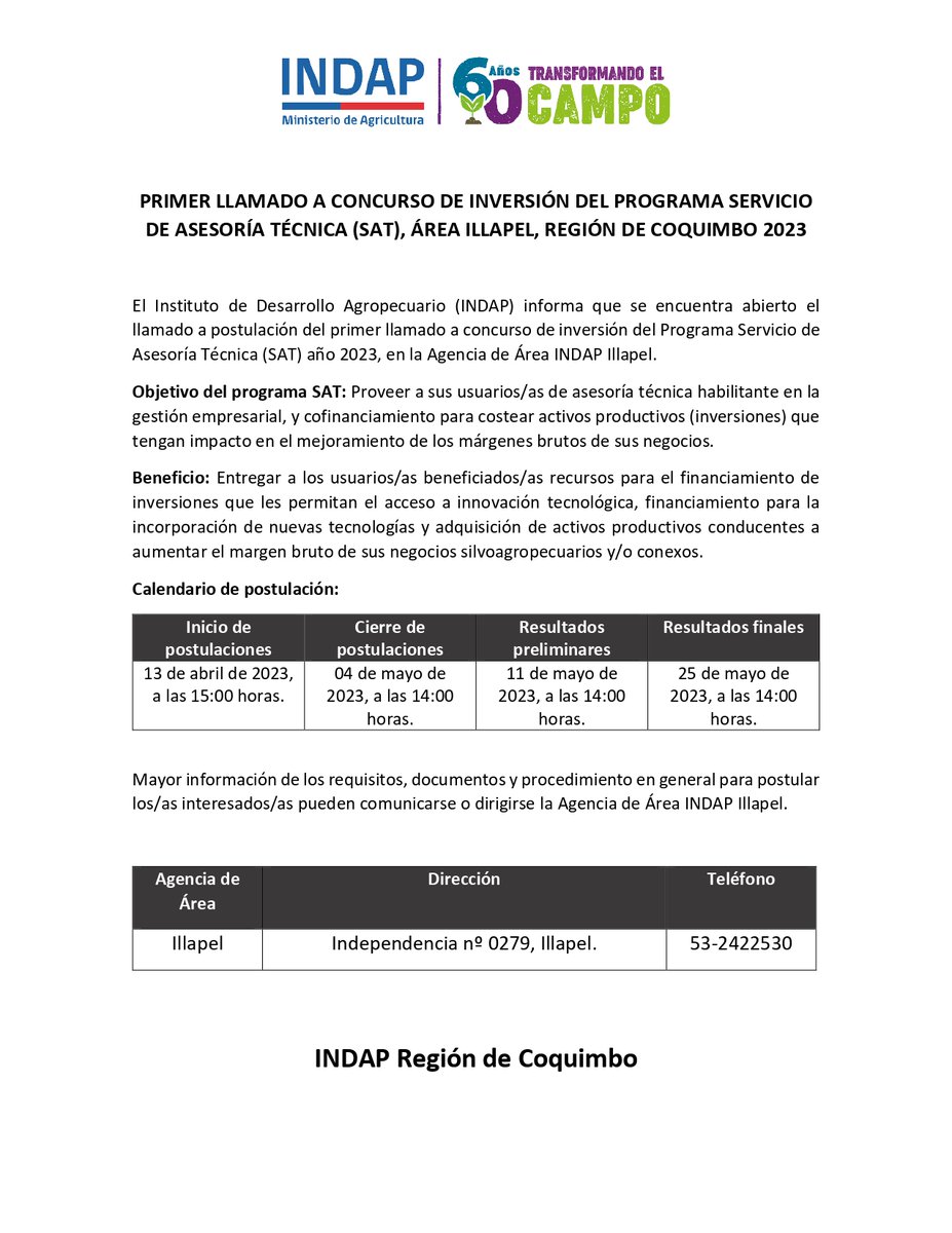 ✅Seguimos entregando alternativas para fortalecer al #MundoRural de #Choapa👏

Atención usuarios/as🧑‍🌾👩‍🌾de nuestra Agencia de Área #Illapel, informamos que ya se encuentra abierto el 1⃣er llamado a concurso, año 2⃣0⃣2⃣3⃣, del Programa Servicio de Asesoría Técnica (SAT)

➕Info👇