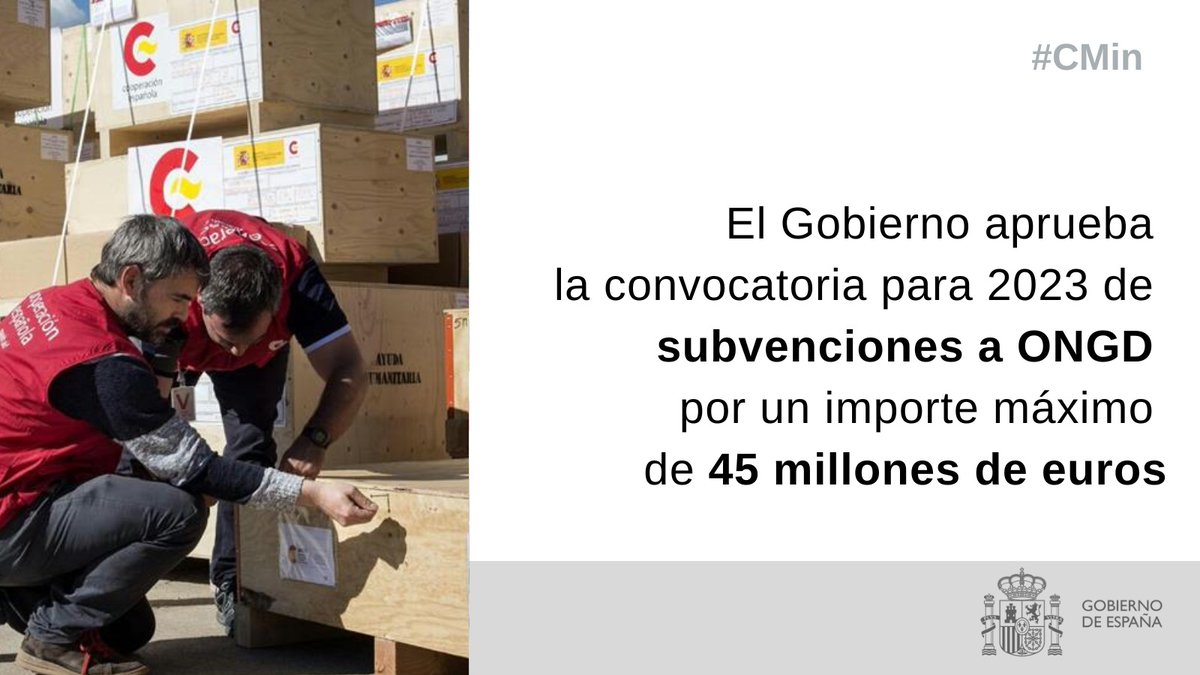 MAECgob's tweet image. En el #CMin de hoy se ha aprobado el acuerdo que autoriza a la @AECID_es la convocatoria de subvenciones a #ONGD en 2023 por un importe máximo de 45 millones de euros.

🔗lamoncloa.gob.es/consejodeminis…