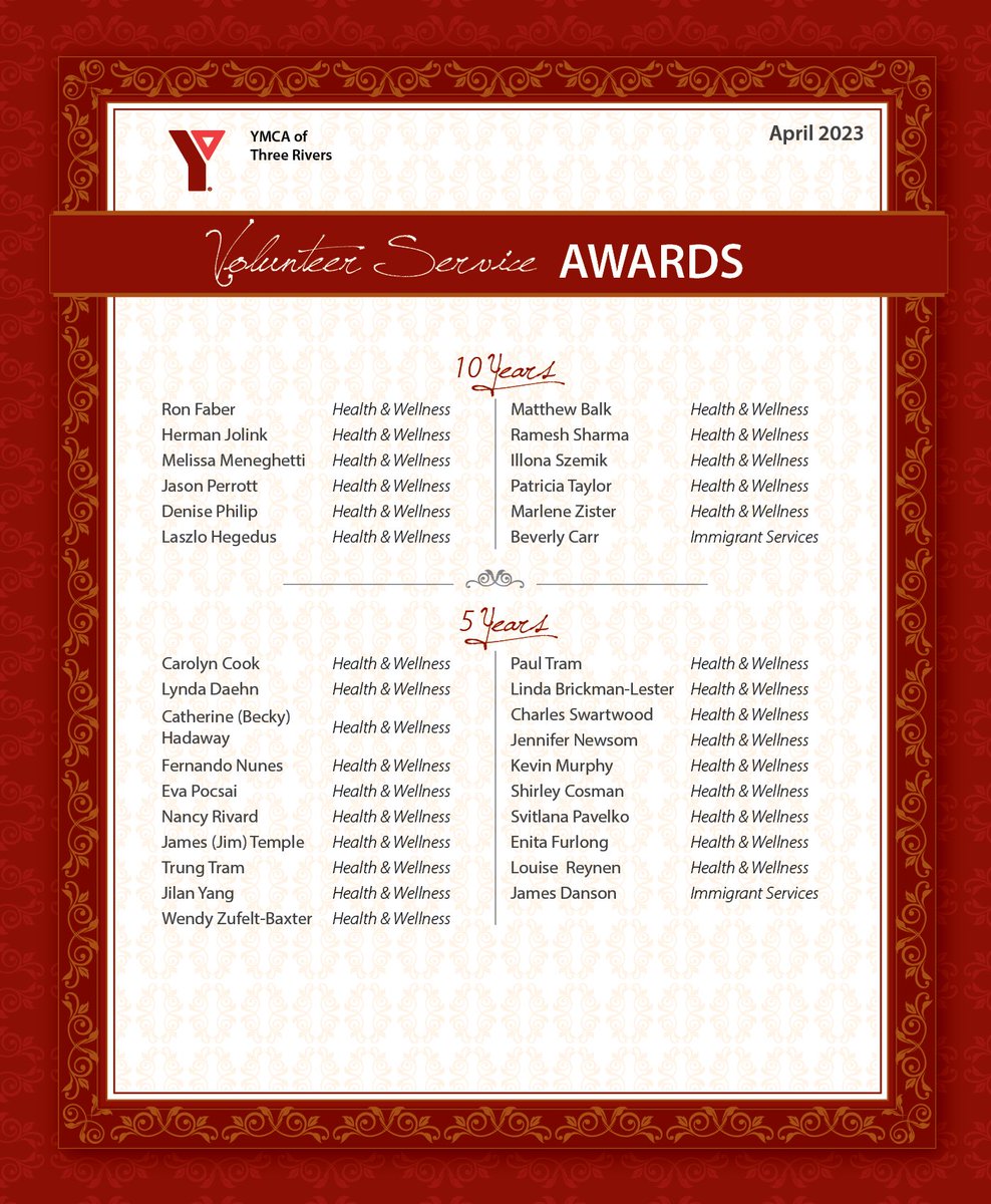 Join us in recognizing the incredible volunteers who make the YMCA of Three Rivers a great place to be. We’re grateful to celebrate volunteers reaching milestones of 5 years to 40 years. Thank you for your commitment to making our Y, your Y, a better place for everyone. #NVW2023