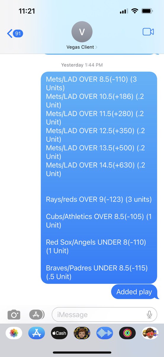 AlgoSportPicks's tweet photo. Screenshot of giving out our massive winning MLB slate yesterday to a client yesterday! Our max play hits with ease!🔥 💰🤑 https://t.co/WzbBU4fjWP