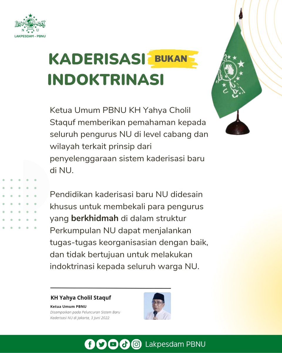 Gus Yahya memberikan pemahaman kepada seluruh pengurus NU di level cabang dan wilayah terkait prinsip dari penyelenggaraan kaderisasi NU. Kaderisasi dikhususkan bagi orang yang mau berkhidmah di NU dan tidak bertujuan untuk melakukan indoktrinasi kepada seluruh warga NU.