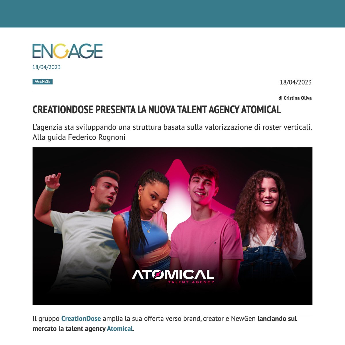 Venerdì 14, a Milano, abbiamo lanciato <a href="/atomicalagency/">Atomical</a>: la #TalentAgency che sprigiona l'energia e la creatività dei #Creator! Scopri di più su <a href="/Engage_Magazine/">Engage</a>! creationdo.se/atomical-engage

#CreationDose | #Atomical
