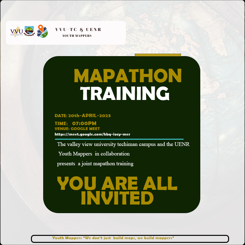 Advent Mappers (@adventmappers) on Twitter photo AdentMappers are very happy to announce to you that we are collaborating with #Eco_club_UENR
on our Thursday to offer a free mapathon training. you know you can let this pass you by right ? Join us this Thursday lets learn with
<a href="/Aku_Sedodo/">Confidence Kpodo</a> AdentMappers are very happy to announce to you that we are collaborating with #Eco_club_UENR
on our Thursday to offer a free mapathon training. you know you can let this pass you by right ? Join us this Thursday lets learn with
<a href="/Aku_Sedodo/">Confidence Kpodo</a>