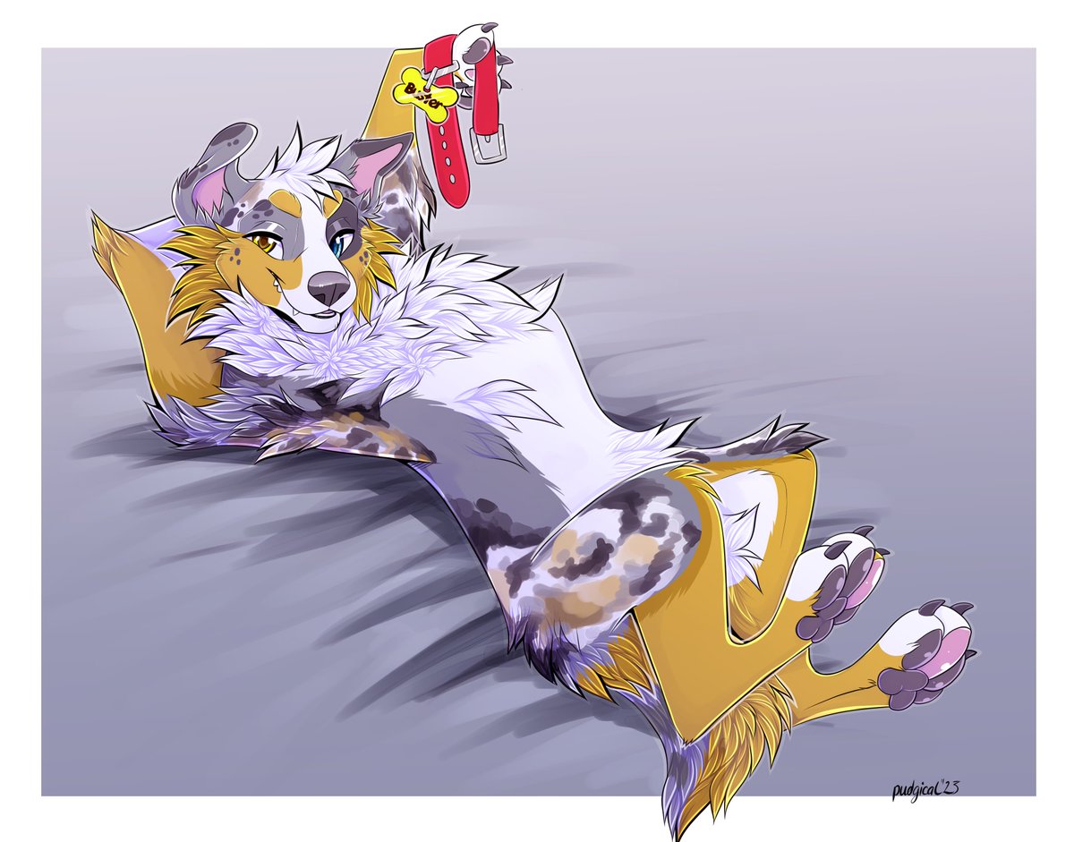SpazzFox's tweet photo. Buster!

It isn’t THAT hot outside! Put your collar back on, gosh! 🥺 

🎨 by @Pudgical! https://t.co/5cxMvXGee3