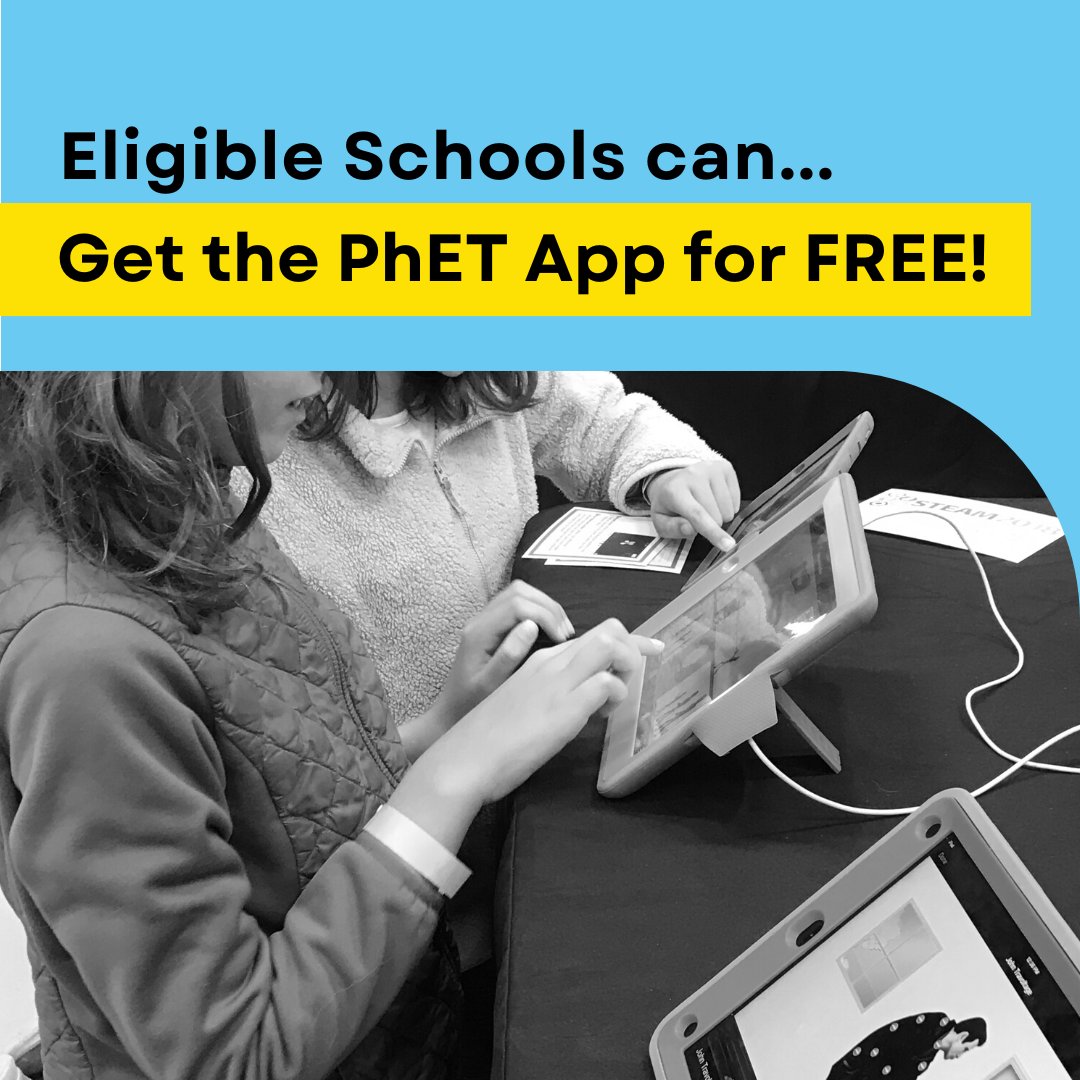 PhETsims's tweet photo. Thanks in part to a generous grant from @Verizon, we will be providing eligible schools FREE access to our iOS &amp; Android/Chromebook apps for 2023-2024 school year!

Learn more &amp; apply by May 5:
https://t.co/XX60WblNwh

Info Session TODAY:
https://t.co/wkgXRZgDqE

#STEM #Edtech https://t.co/mnS9Gs4y4y