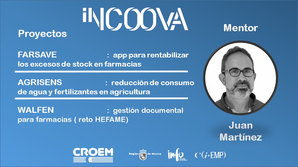 🔴 Ya conocemos los proyectos que pasan a la siguiente fase de #INCOOVAte y los mentores que les han sido asignados!

Apps para farmacias y agricultura eficiente serán los proyectos mentorizados por <a href="/planpresto/">Juan Martínez</a> 

INCOOVA es la incubadora de <a href="/croemurcia/">CROEM</a> + <a href="/infoRMurcia/">Instituto de Fomento</a>