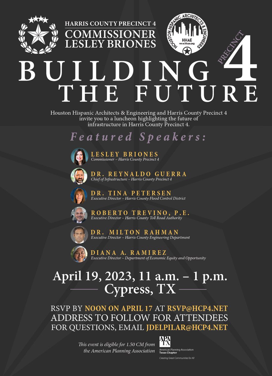 HCPrecinct4's tweet photo. 📣 CALLING ALL ARCHITECTS &amp; ENGINEERS
#HCPrecinct4 invites you to a luncheon highlighting the future of infrastructure in Precinct 4!
⌛ April 19, 2023 (11 a.m. - 1 p.m.)
📍 Cypress, TX
✔️ RSVP: E-mail - RSVP@hcp4.net
#Building4TheFuture #Engineering #Architects https://t.co/8u1eUCmH3J
