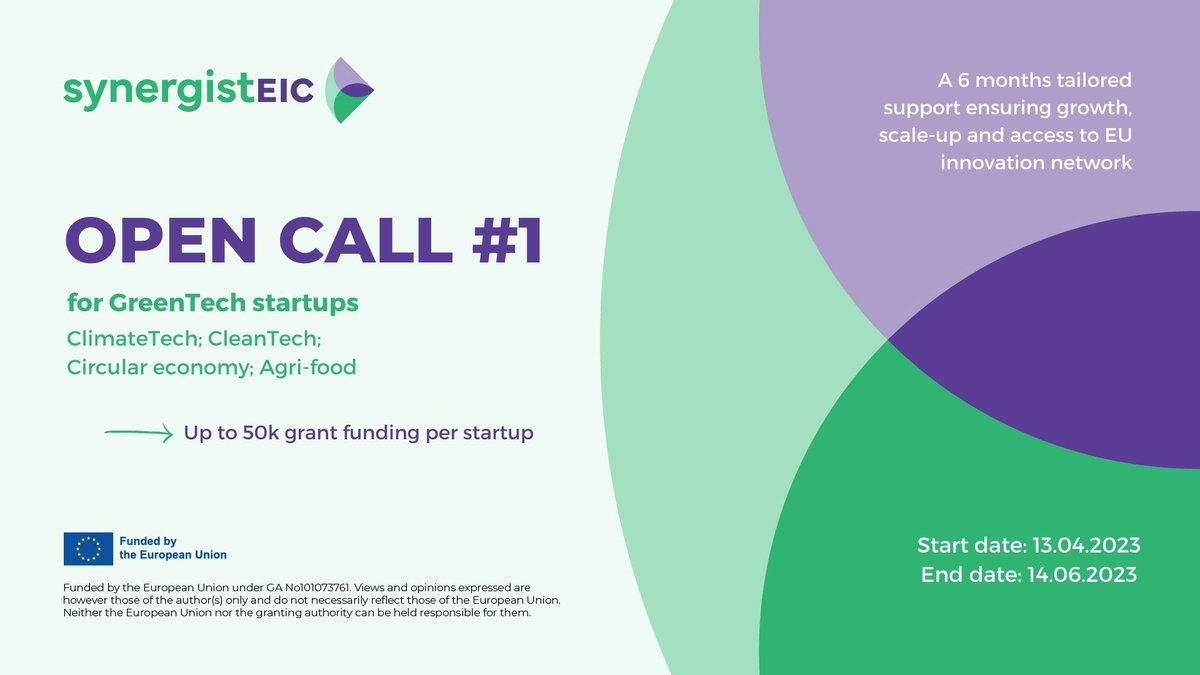 synergistEIC's tweet image. 💥 #Apply now if you are a #GreenTech startup 🌱 !
We offer up to 50k Grant funding 💰 per #startup and 6 months tailored support
👉 Find all information on our website: 💻 synergisteic.eu
@EU_EISMEA @EUeic @StartUpEU