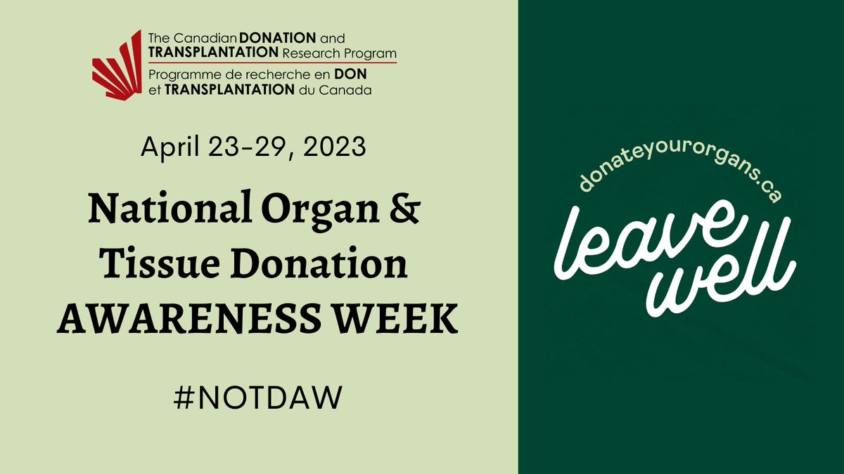 💚 Next week is the #NOTDAW and CDTRP is happy to promote <a href="/CanadasLifeline/">Canadian Blood Services</a> Public Education and Awareness Committee national campaign: "Leave Well"

Leave well so other can live well.

Learn more 👉 cdtrp.ca/en/notdaw-2023/