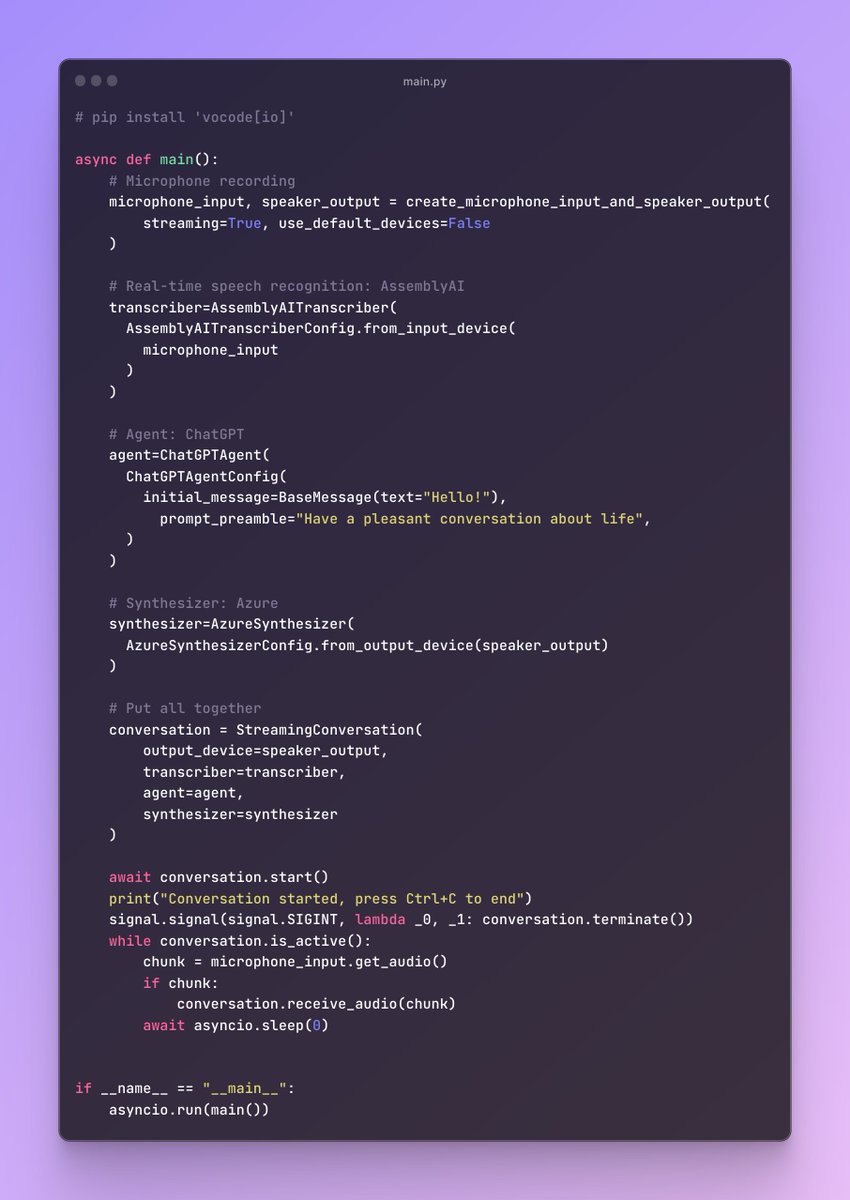 AssemblyAI's tweet image. If you want to build voice-based LLM applications, you need many things:

- Record microphone
- Real-time speech recognition
- An LLM agent
- A voice synthesizer

Luckily, there is an open-source library from @vocodehq that makes all of this super simple.

Let&apos;s learn more👇

1/5