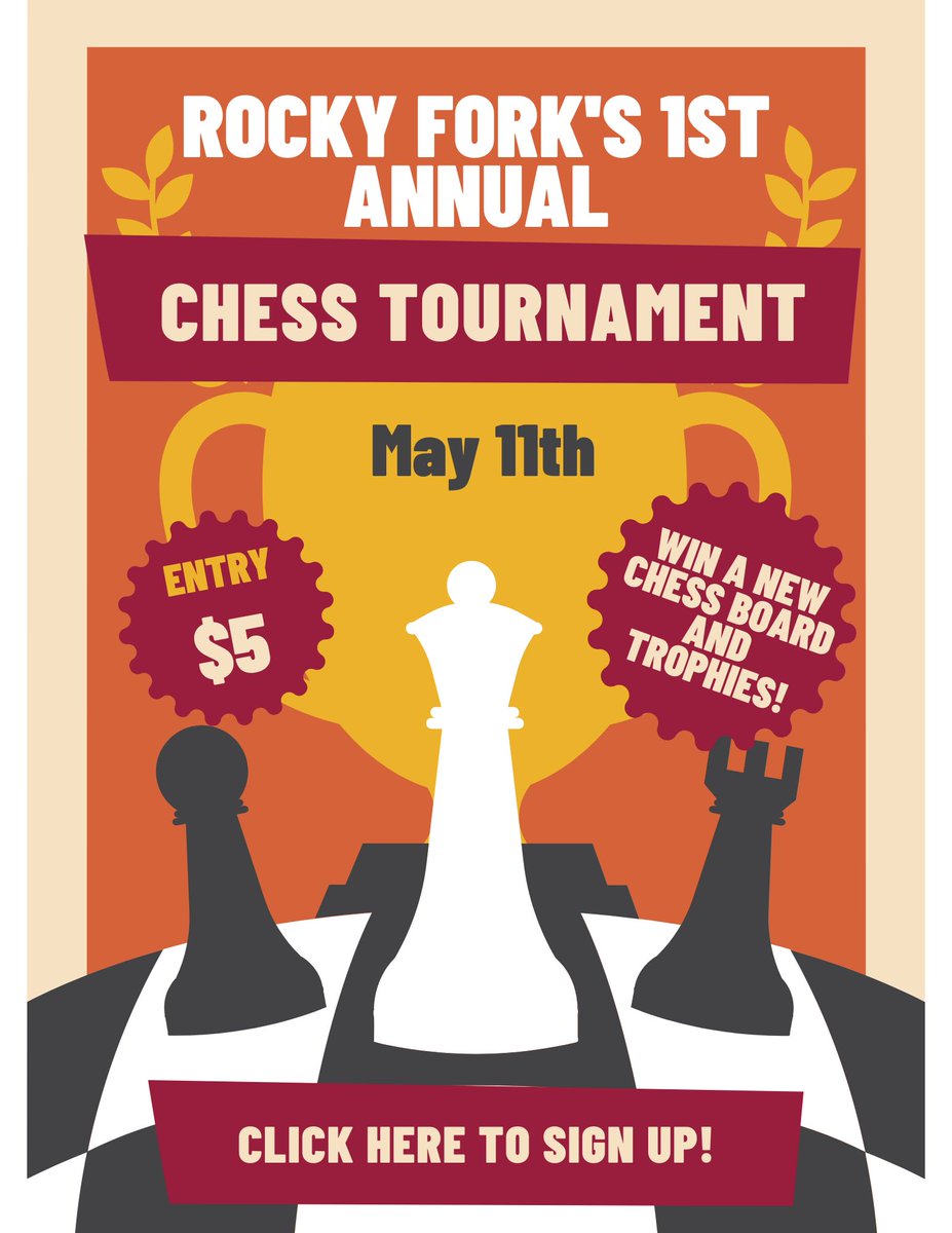 I'm excited to announce that we are hosting our school's first chess tournament on May 11th! Entry fee is 5 dollars and our inaugural winner will go home with a trophy and a brand new chess board! Go to the Library Media Center website to sign-up.♟️👑🏆 rfm.rcschools.net/apps/pages/ind…