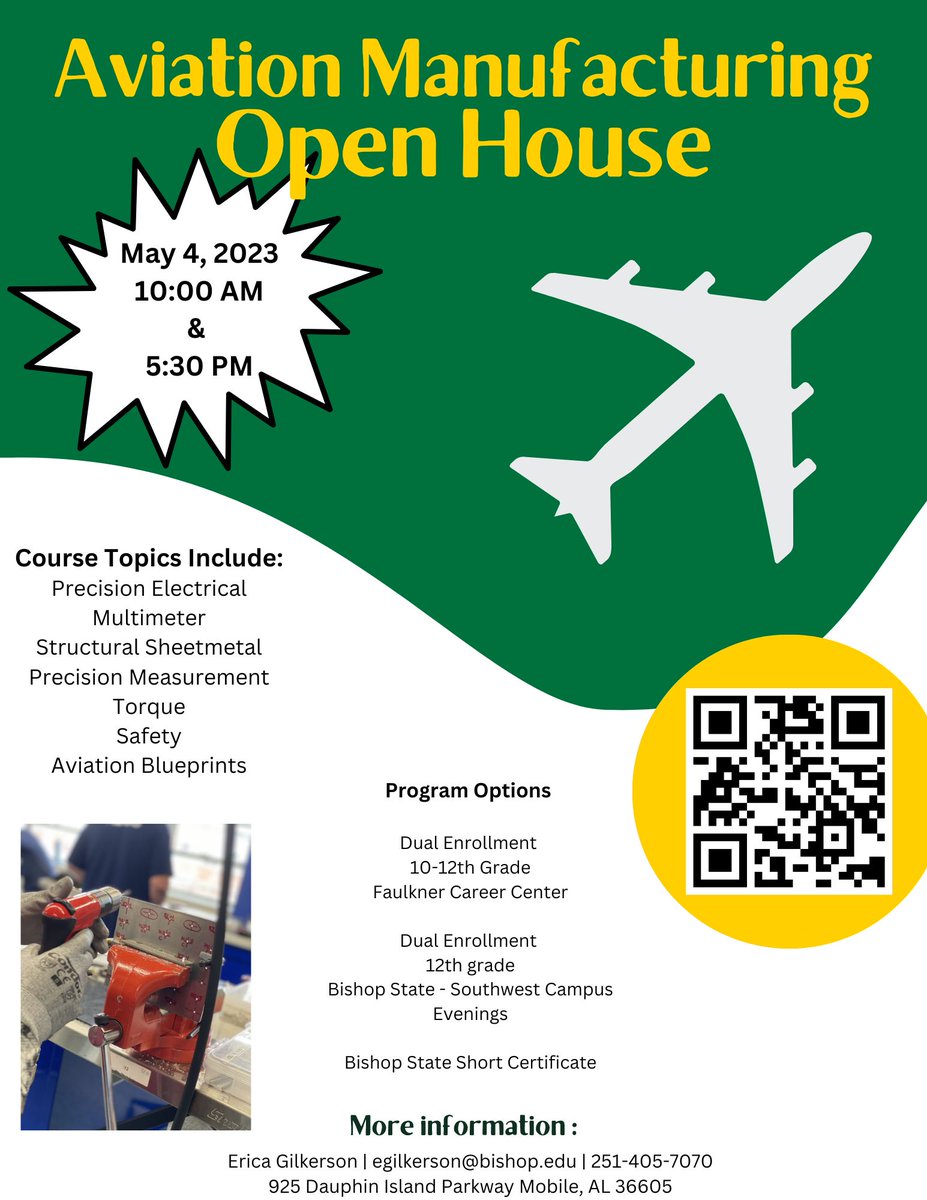 BishopWorkforce's tweet photo. Come learn about how @BishopState can help you earn the skills needed for your career to take flight!
#AviationManufacturing https://t.co/Yv8wRQvXBD