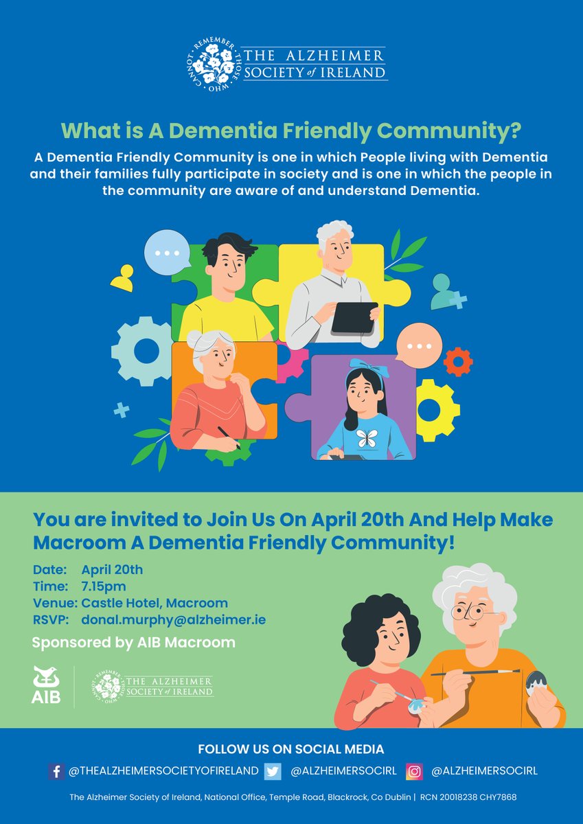 alzheimersocirl's tweet photo. The Alzheimer Society of Ireland is hosting a Dementia Friendly Community Information evening in the @castleHmacroom on Thursday, 20th April! Together, let’s make Macroom a Dementia Friendly Community!
Learn more about The ASI’s Dementia Inclusive Community initiative at https://t.co/cpSS6WgsSu