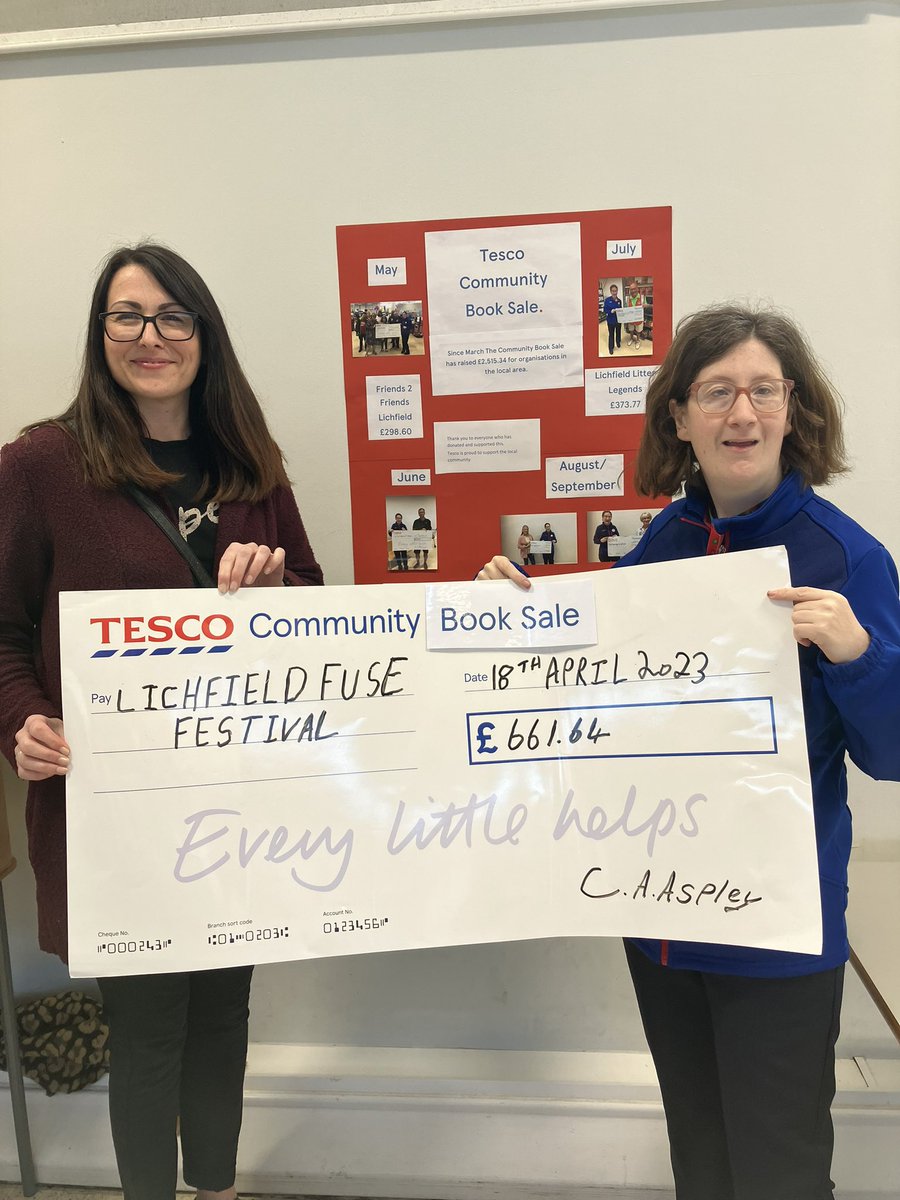 AspleyCharlotte's tweet photo. I’m in month of March the Tesco Community Book Sale raised £661.64 for the @LichfieldFuse for assessable activities ￼thought the weekend of fuse!
Thank you to everyone who donated and gave books

Tesco is proud to support the local community 😊 https://t.co/g6hctpcydh