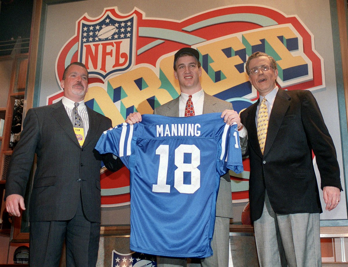 ProFootballHOF's tweet image. When the NFL Draft was held 25 years ago today, FOUR future Hall of Famers were selected in the first round.

Here, we'll look at some of the sights and sounds of future Hall members being selected that day, starting with Peyton Manning at No. 1 overall to @Colts. 🧵