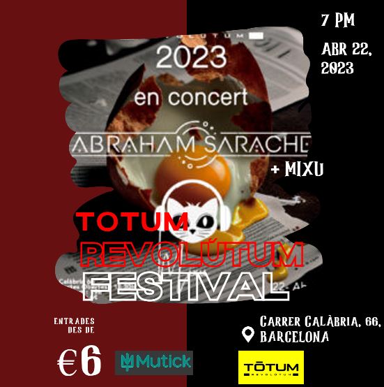 Rock_Progresivo's tweet photo. 🔸 ABRAHAM SARACHE + MIXU en Concert al TÓTUM REVOLÚTUM FESTIVAL
🔸 Divendres, 22 d'abril. C/ Calàbria, 66. 19:00 hores
🔸 Entrades des de 6 euros a MUTICK
#whattheprog #progrock #rockprogressiu #barcelona  #concert @totumfestival @AbrahamSarache @MixuMusic @Mutick_es https://t.co/BCV2yy4vOP