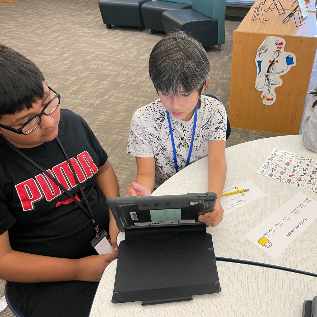 HPESLibrary's tweet photo. These students are using library skills to solve library themed puzzles for School Library Month! 📚 #howmanytimescanisaylibraryinonetweet @hunley_park @VOCALCCSD https://t.co/yKy9OriPIf