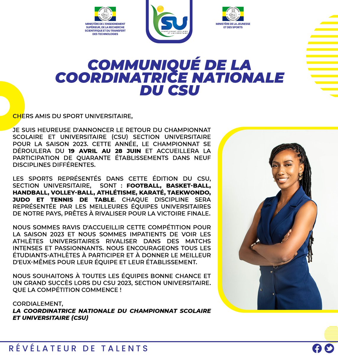 csu_gabon's tweet image. Le @csu_gabon reprend ce mercredi 19 avril 2023. Et pour cela, la #Coordinatrice #Nationale a tenu à adresser quelques mots aux #athlètes #étudiants qui prendront part à la #compétition.

@SportGOUVGA 
@gegepog