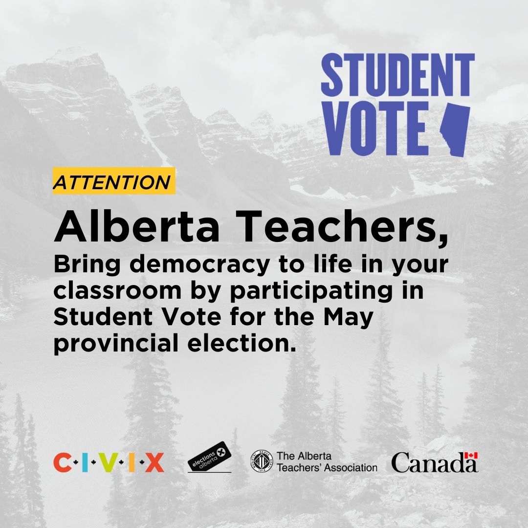 Hey, Alberta teachers! 👋 You still have an opportunity to participate in #StudentVoteAlberta and make democracy come alive in your classroom. Don't wait any longer, register your school now at StudentVote.ca #abed #AbLeg #AbPoli #AbElection