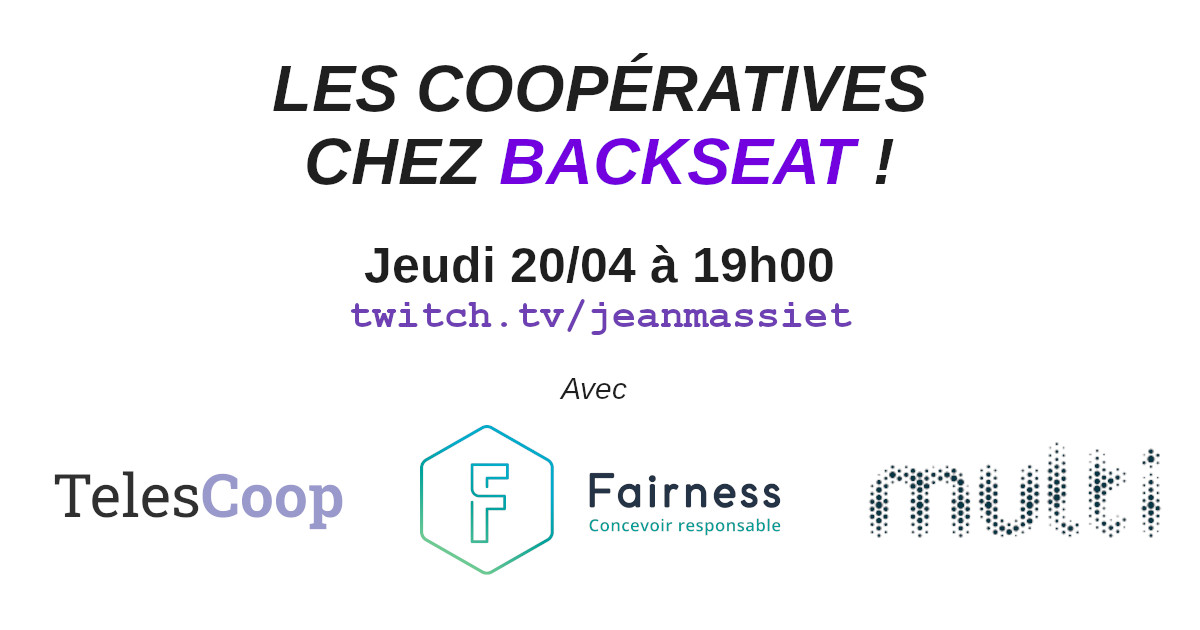 fairnesscoop's tweet photo. 👀 Les #coopératives ont RDV chez @Backseat_fr ce jeudi 20 avril à 19h00 sur la chaîne Twitch de @JeanMassiet  !

@HeleneMaitre de Fairness sera avec Alice Andres, Maxime Bellec et @JohanRicher des coopératives @teles_coop et @multi_coop 👉 https://t.co/WXLM5dotPH https://t.co/VsalDxEQS1