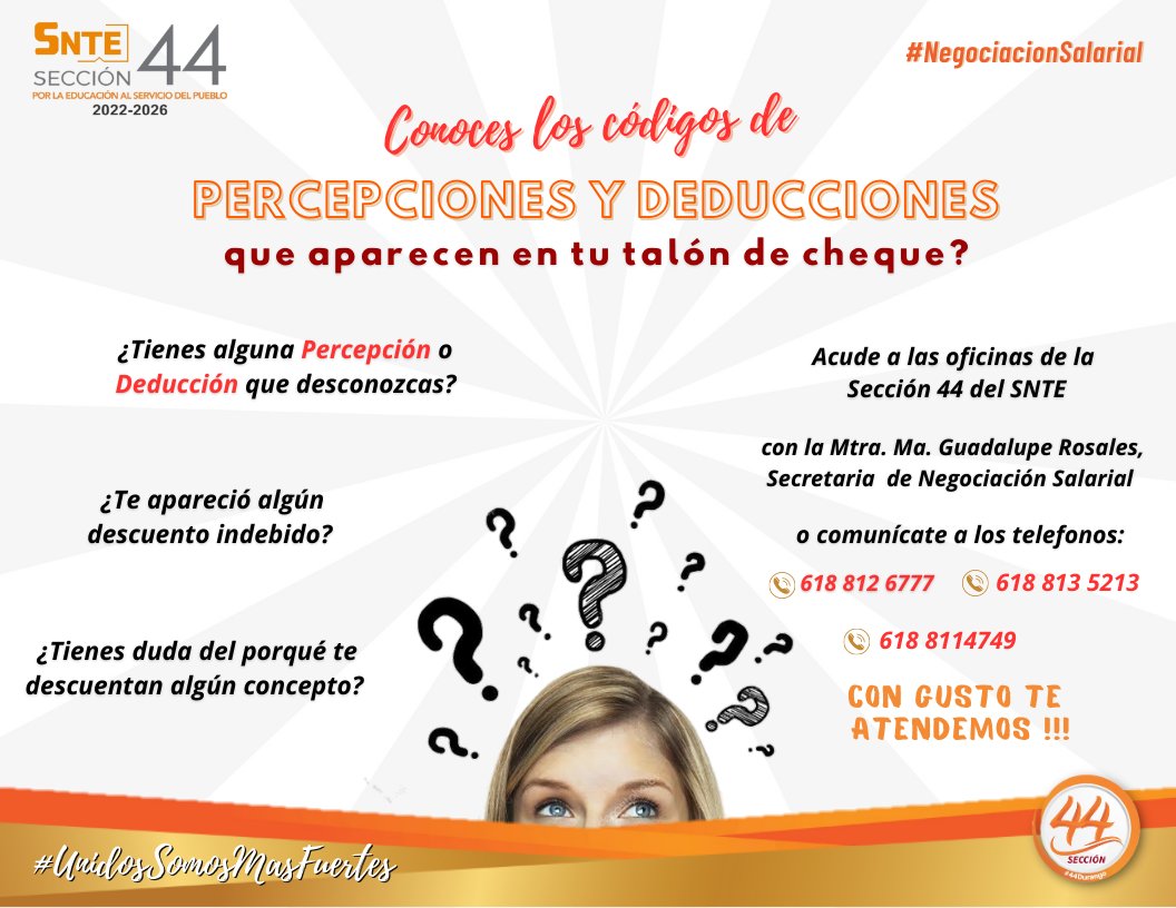 Seccion44SNTE's tweet photo. #SNTESeccion44🟠
#44Durango🦂
#UnidosSomosMasFuertes
#NegociacionSalarial
El talón de cheque es el documento en el que se incluyen todas las percepciones que como agremiado a la Sección 44 tenemos, reflejan beneficios o prestaciones obtenidas a base de la lucha sindical. https://t.co/xIy8PmkUz0