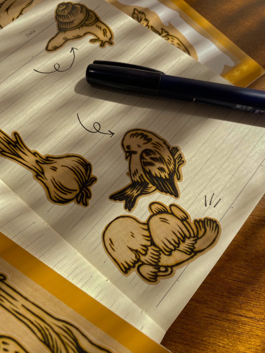 altargokart's tweet photo. I turned a wood-burned block into my first ever sticker sheet! Eight designs on the page for you to put on a letter, a sketchbook, a telephone pole.. available now!! https://t.co/LLpILd0mUh