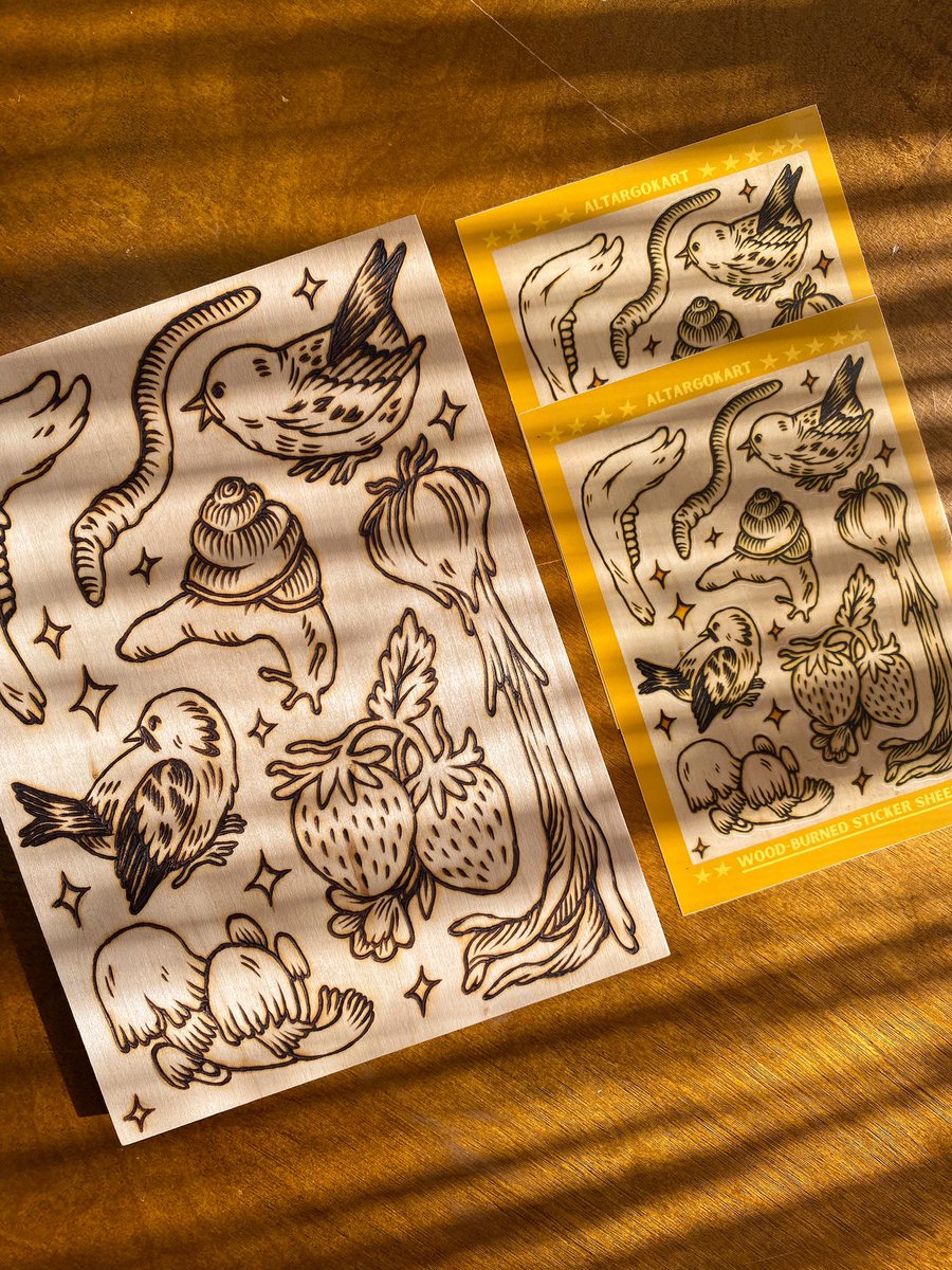 altargokart's tweet photo. I turned a wood-burned block into my first ever sticker sheet! Eight designs on the page for you to put on a letter, a sketchbook, a telephone pole.. available now!! https://t.co/LLpILd0mUh