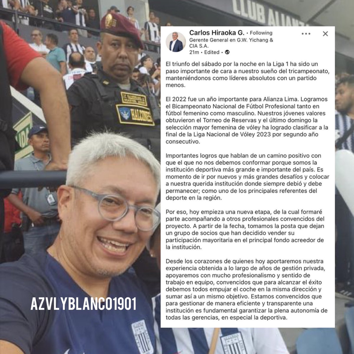 azvlyblanco1901's tweet photo. Carlos Hiraoka confirma compra de acreencias de Alianza Lima. Importante que mencione al fútbol femenino, Voley y torneo de reservas. Todos juntos por y para Alianza Lima 💙🤍💙 https://t.co/o7IqBtDIdd