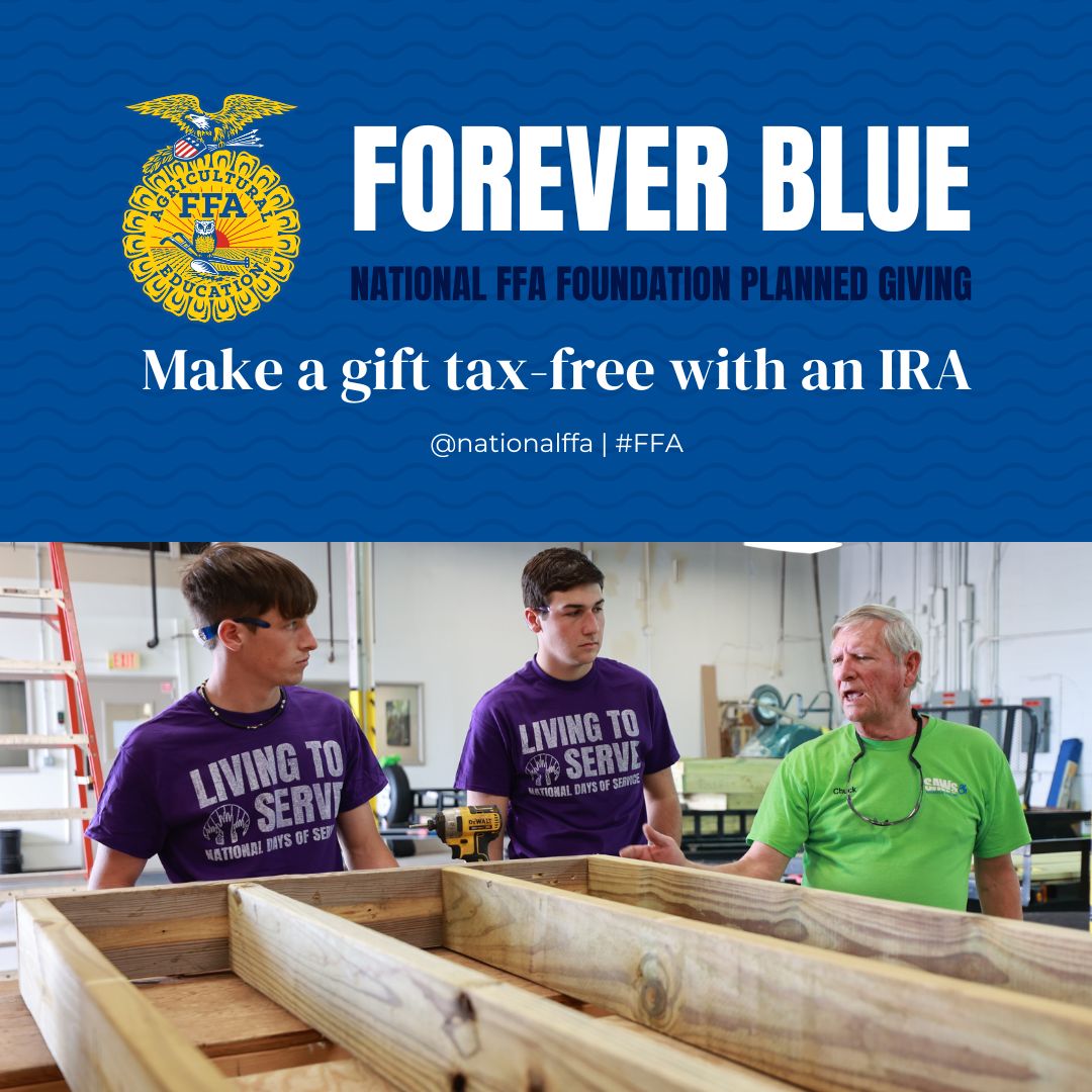 Give back while you save! 💰
Make a difference today by supporting the National FFA Foundation through your IRA and enjoy tax benefits in the future. 🌾

Learn more about how to donate at the link below. 🔗
👉 ffa.planmygift.org/ira-charitable… 

#FFA NationalFFA #FFAAlumniandSupporters