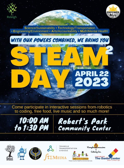 This Saturday we will be at Roberts Park in Raleigh NC for STEAM2 DAY at 10am - 1:30pm. 
@ncscifest #FullSteamAhead  #NCSciFest2023