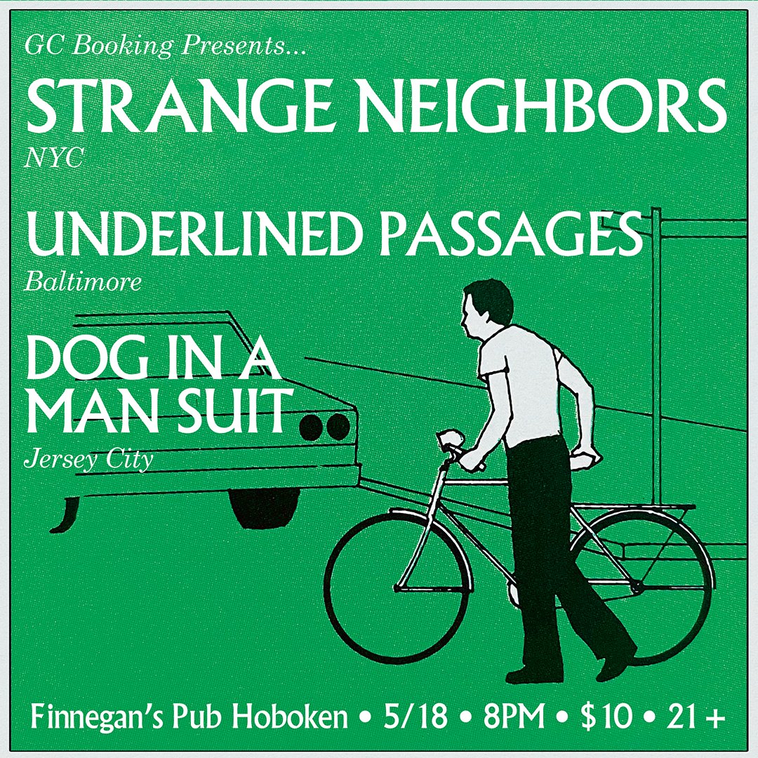 gc_booking's tweet photo. On Thursday, 5/18, @StrangeNeighbs (NYC), Underlined Passages (Baltimore), &amp; Dog In A Man Suit (JC) will be rocking @Finnegans_Pub Hoboken. $10 suggested donation. https://t.co/ASWEy15VDB https://t.co/wYUshrlk7C