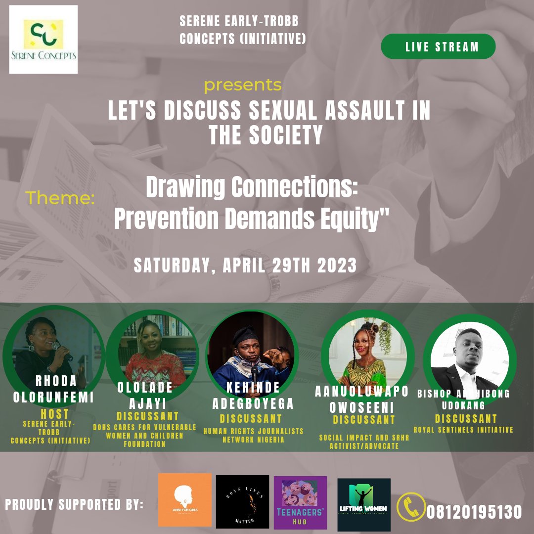 tosinolorunfemi's tweet photo. Do you want to know why #sexualassault is still prevalent in our #society? Join me as I take .@OlolaTohRhea @.@kenyAdegboyega .@Aprokonursee &amp; Bishop through this interactive session
#SAAM2023 #sexualassaultawarenes https://t.co/JKh4bHYxBy