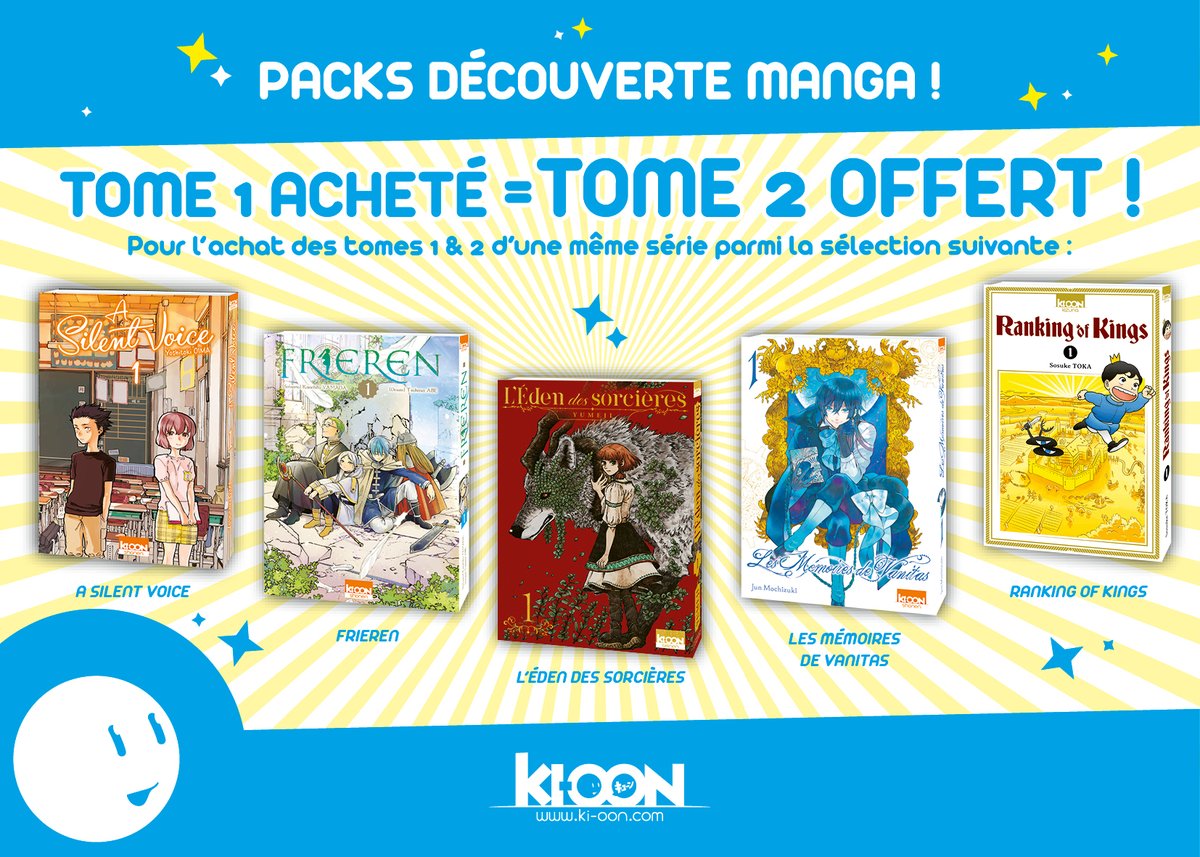 ki_oon_Editions's tweet photo. ✨ PACKS DÉCOUVERTE ✨
À partir de demain, pour l'achat du tome 1 des 5 séries suivantes, on vous offre le tome 2 :
🤍 A Silent Voice
🧝‍♀️ Frieren
🧙‍♀️ L'Éden des sorcières
🌙 Les Mémoires de Vanitas
👑 Ranking of Kings

De quoi découvrir de nouvelles séries, à petit prix ! 📚 https://t.co/FYsvZkz3ph