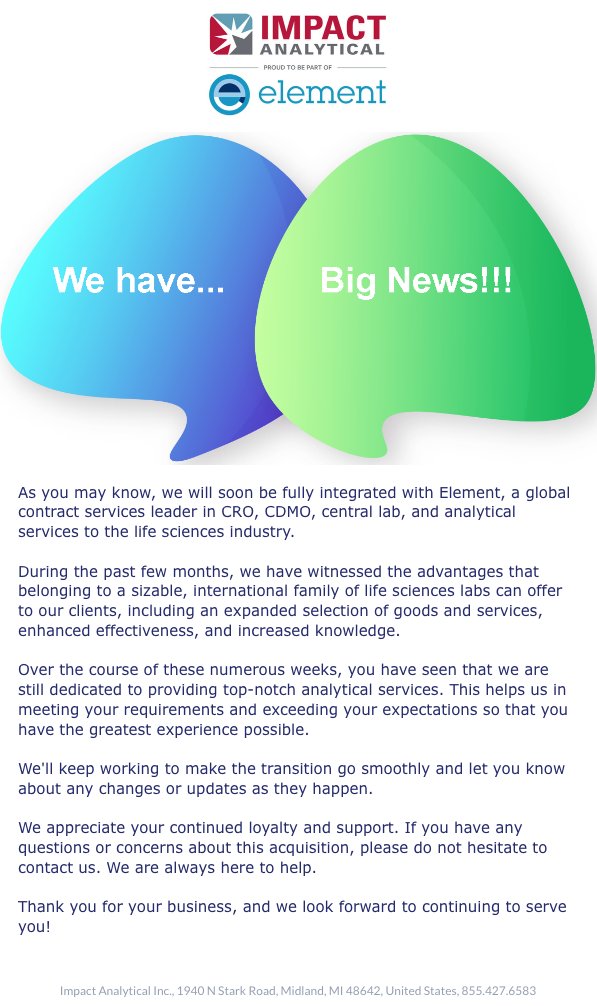 IATestingLab's tweet image. We will soon be fully integrated with Element Materials Technology! Watch here for more news, upcoming soon! #ImpactAnalytical #TestingServices #Element #Integrations #BigNews