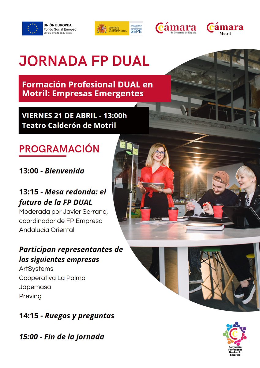 MotrilCamara's tweet photo. ⭐La @MotrilCamara celebrará una jornada de #FPDUAL en Empresas en el marco de la I Feria de Formación Profesional de #Motril
En ella participarán empresas como Japemasa Renault, #ArtSystem, Cooperativa La Palma o #Preving https://t.co/T31ya5BqtD